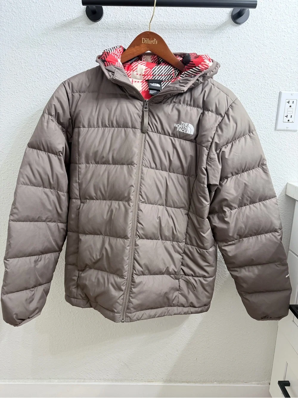 The North Face Men's Taupe Puffer Jacket with Red Plaid Hood Lining